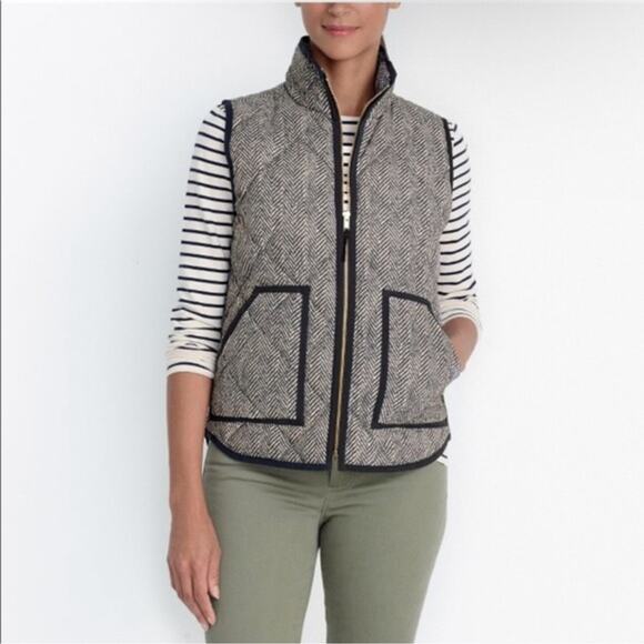 J. Crew Tan & Black Down Excursion Herringbone Quilted Full Zip Vest Size Small - Picture 12 of 13